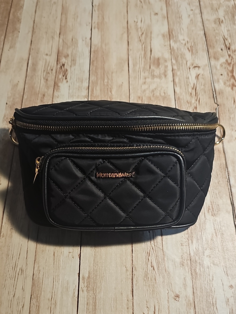 Montana West Black Quilted Crossbody Waist Bag with Gold Hardware